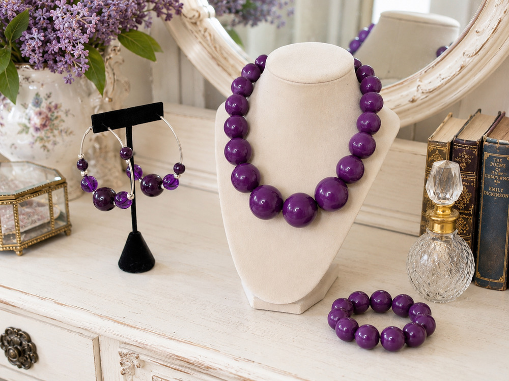 Steve Madden Purple Bead Necklace Bracelet Hoop Earrings 3 Pc Statement Set